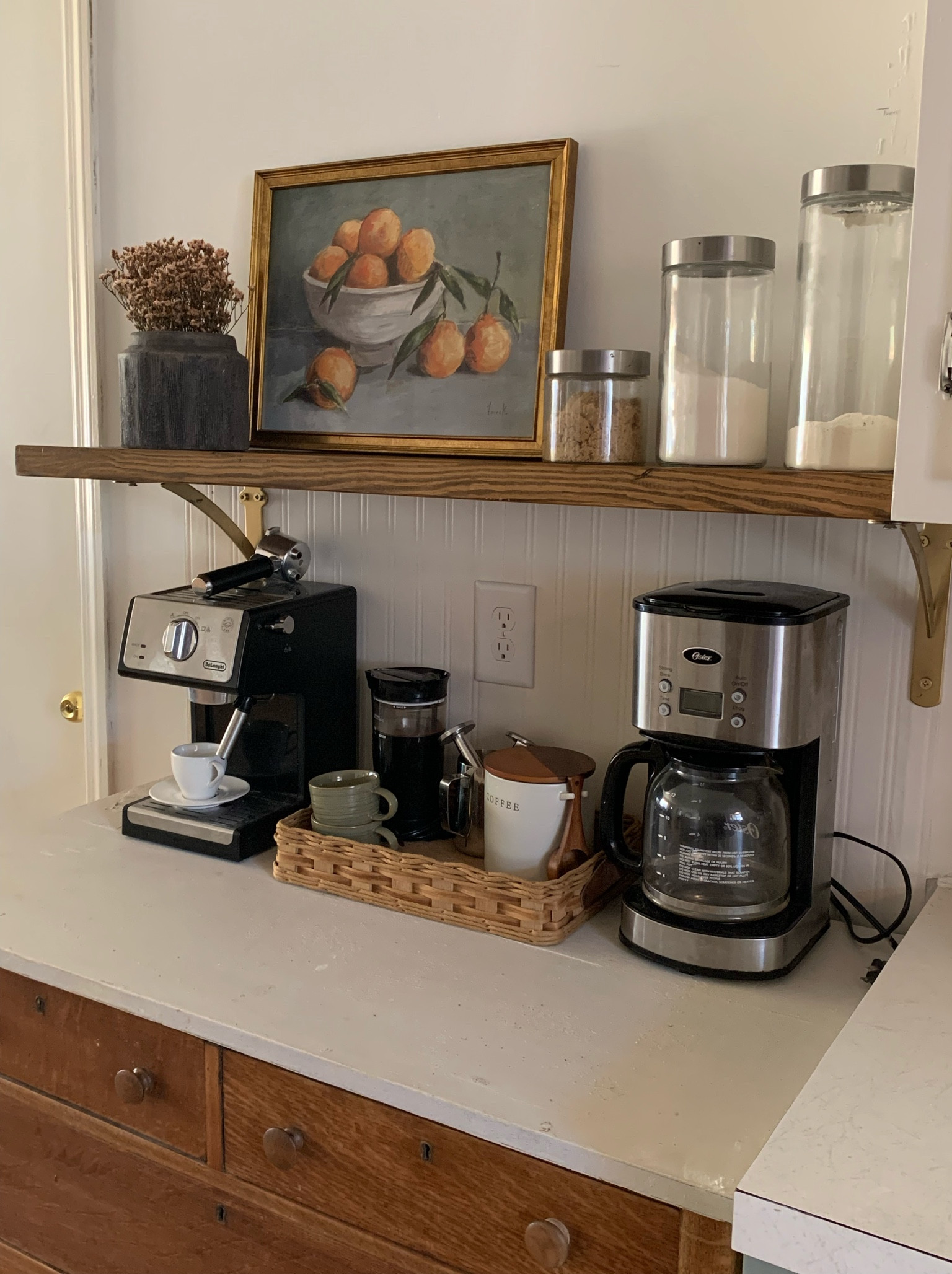 Open shelving up in the kitchen! This is where I’ll be displaying my coffee and baking items. Still planning on adding another shelf above this one for decor! Love my espresso machine in this cute little space now! Shelf products used are below 👇🏻 

#LTKfamily #LTKstyletip #LTKhome