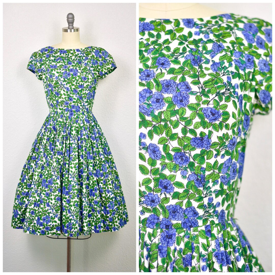 Vintage 1950s Rona (Joan Doris Fashion) Blue Rose Floral Full Skirt Dress *XXS* | Etsy (US)
