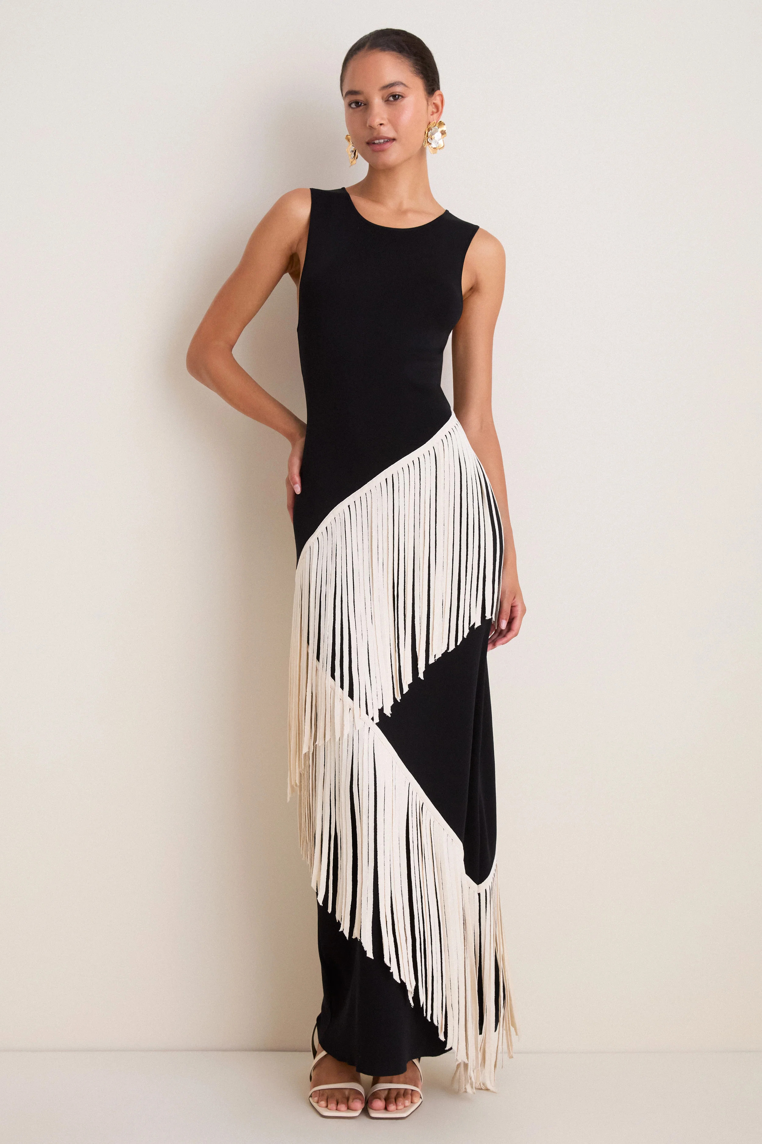 Black and Macadamia Spiral Knit Fringe Maxi Dress | Tuckernuck (US)