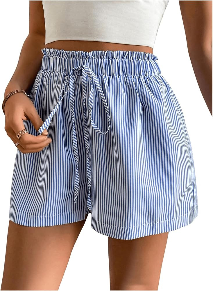 MakeMeChic Women's Summer Striped Drawstring Shorts Elastic High Waist Wide Leg Shorts | Amazon (US)