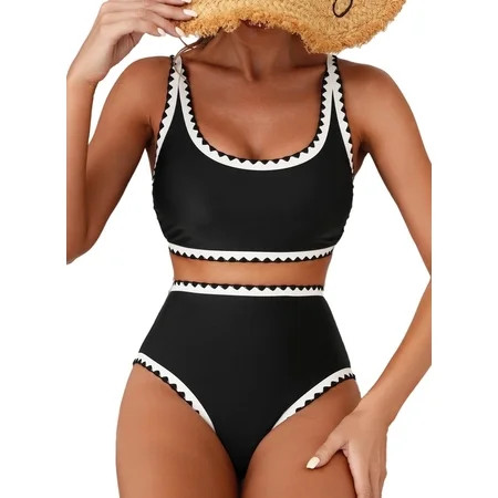 SHEWIN Women's Bikini Sets Floral Print Whip Stitch 2 Piece Swimsuits High Waisted Scoop Bathing Suits | Walmart (US)
