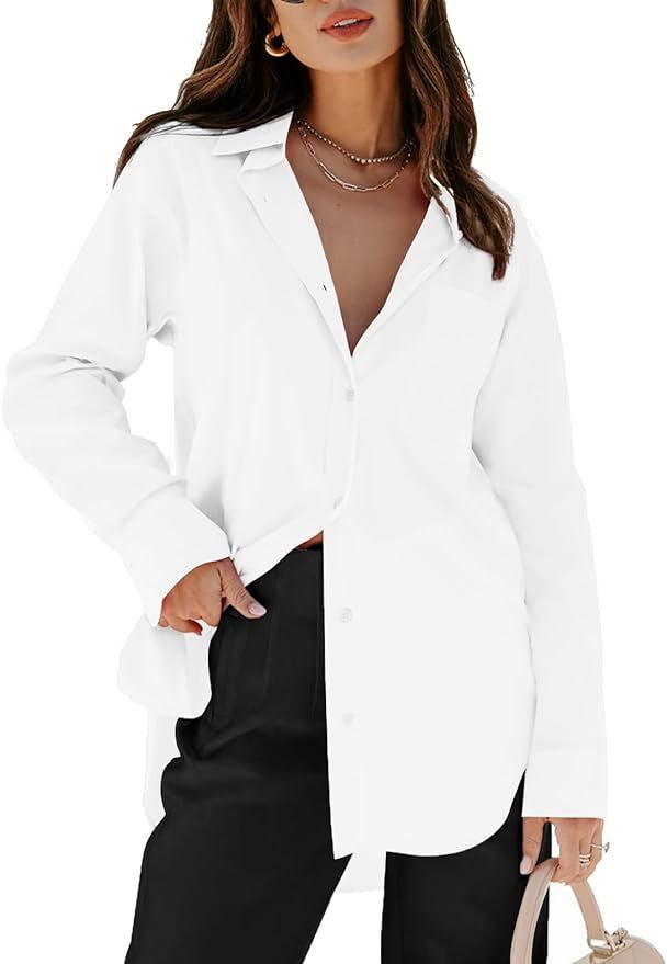 siliteelon Womens Button Down Shirts Dress Shirts Long Sleeve Blouses V Neck Solid Casual Tunics ... | Amazon (US)
