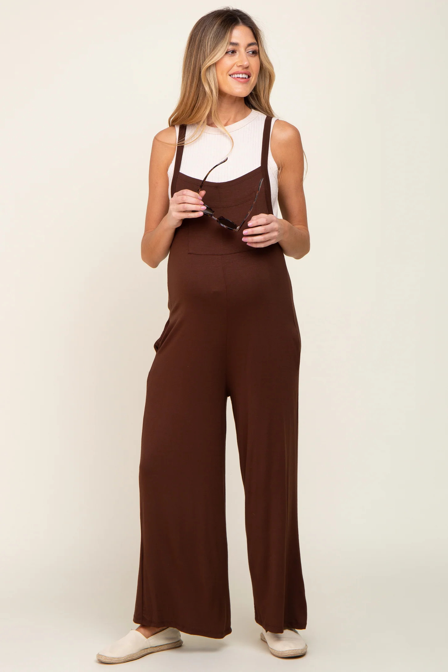 Brown Sleeveless Pocketed Wide Leg Maternity Jumpsuit | PinkBlush Maternity