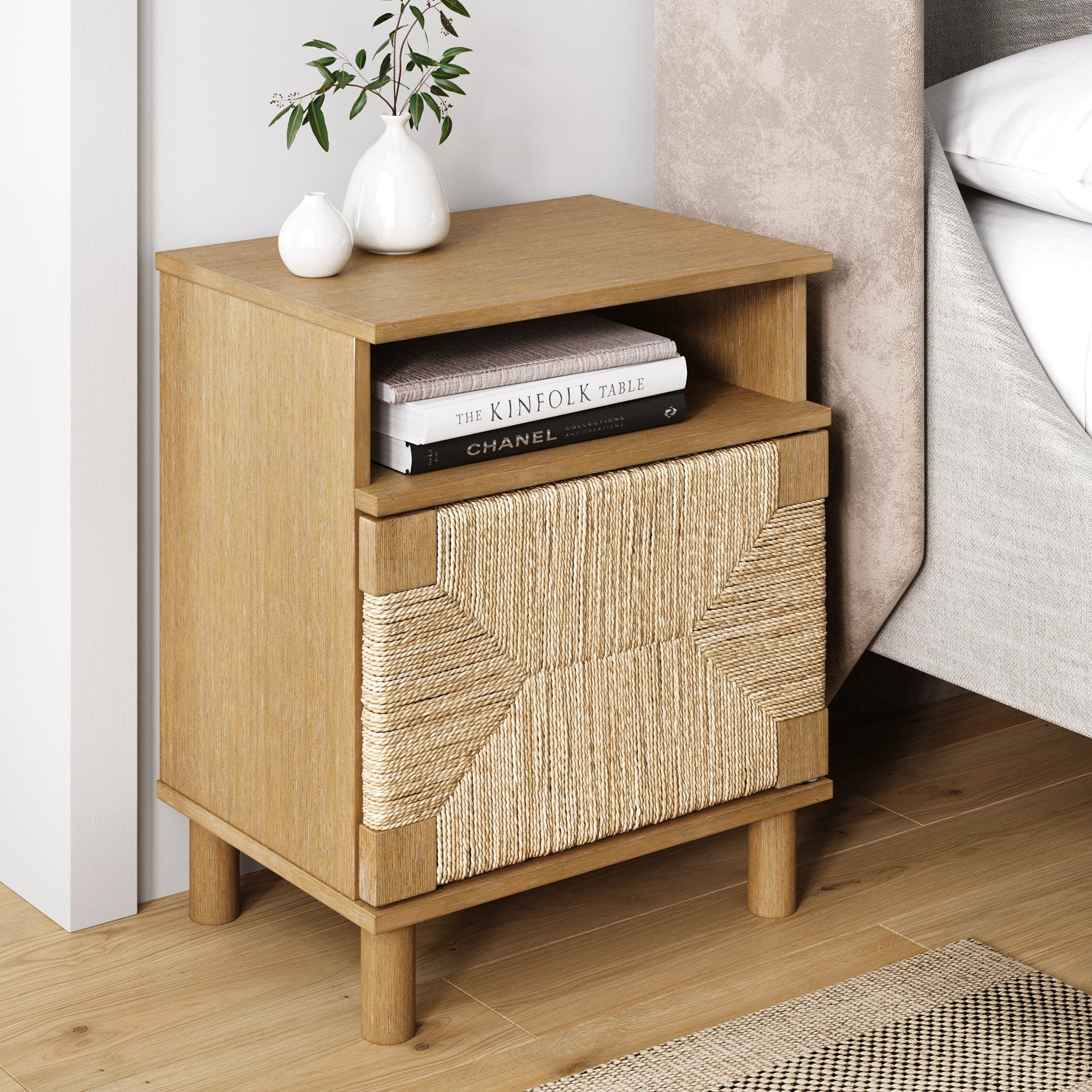 Boho Seagrass & Wood Storage Nightstand | Nathan James