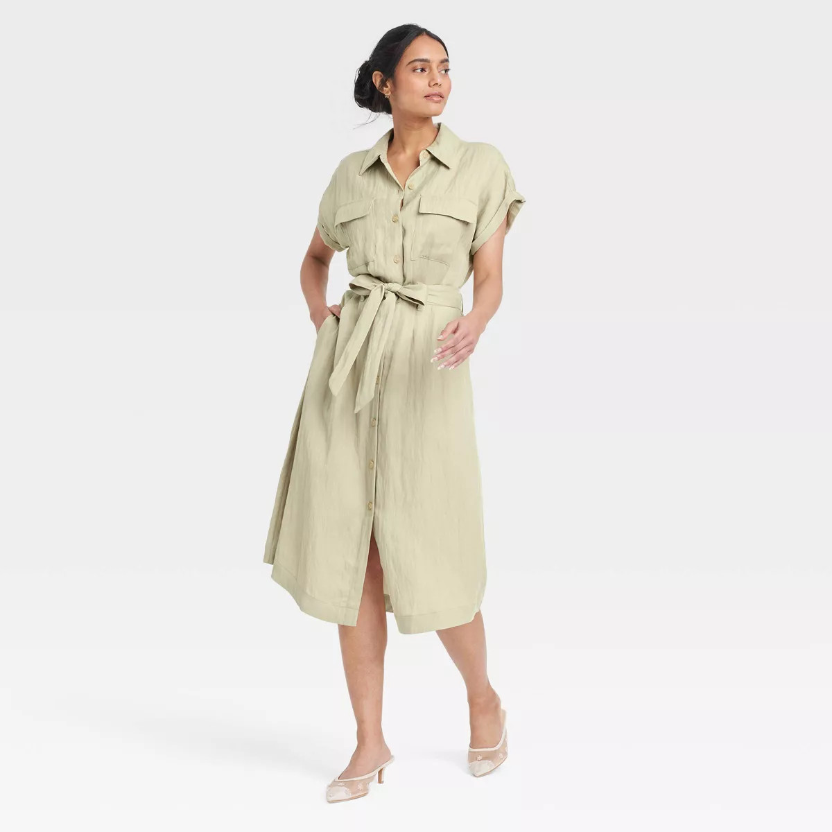 Women's Short Sleeve Midi Utility Shirtdress - A New Day™ Light Green S | Target