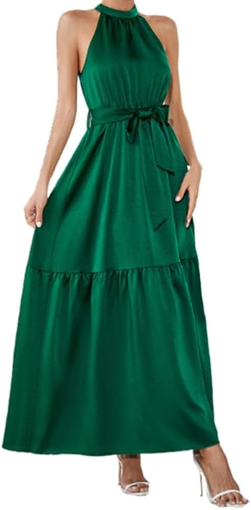 Dokotoo Womens Summer Floral Bohemian Wedding Guest Bridesmaid Halter Neck Maxi Dress with Belted | Amazon (US)