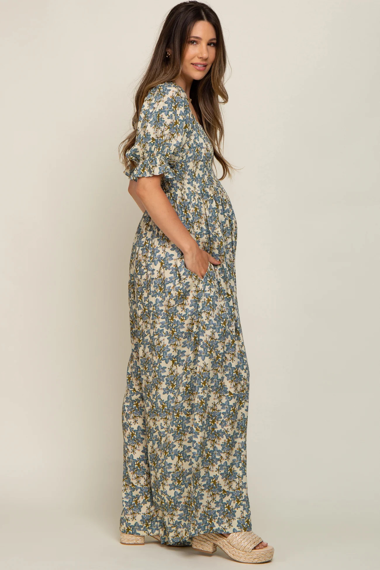 Cream Floral Smocked Maternity Jumpsuit | PinkBlush Maternity