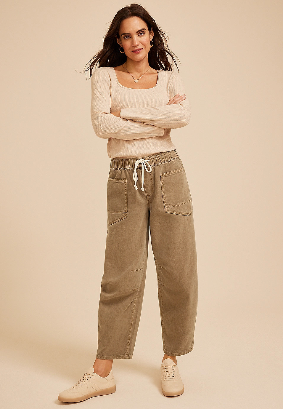 High Rise Tan Tie Waist Pull On Barrel Jean | Maurices