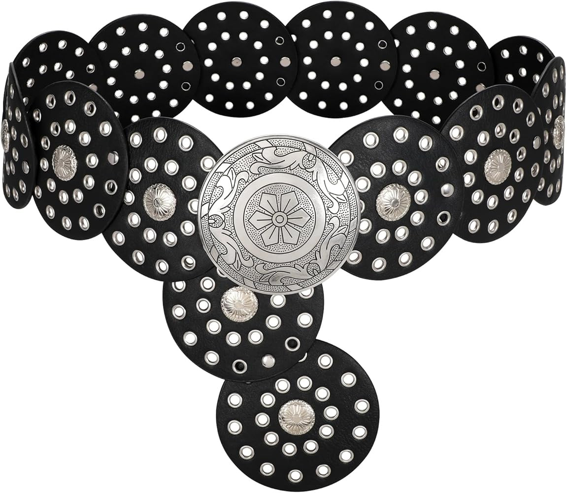 LEACOOLKEY Women's Boho Disc Belt Wide Western Leather Belt Vintage Concho Waist Belt for Dress J... | Amazon (US)