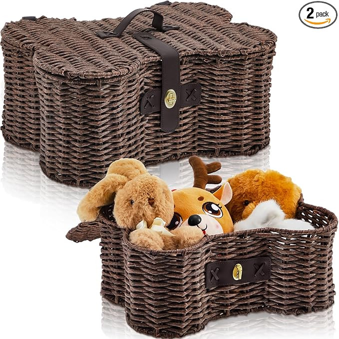 Barydat 2 Set Large Small Dog Toy Basket with Lid Bone Shaped Basket for Dog Natural Wicker Woven... | Amazon (US)