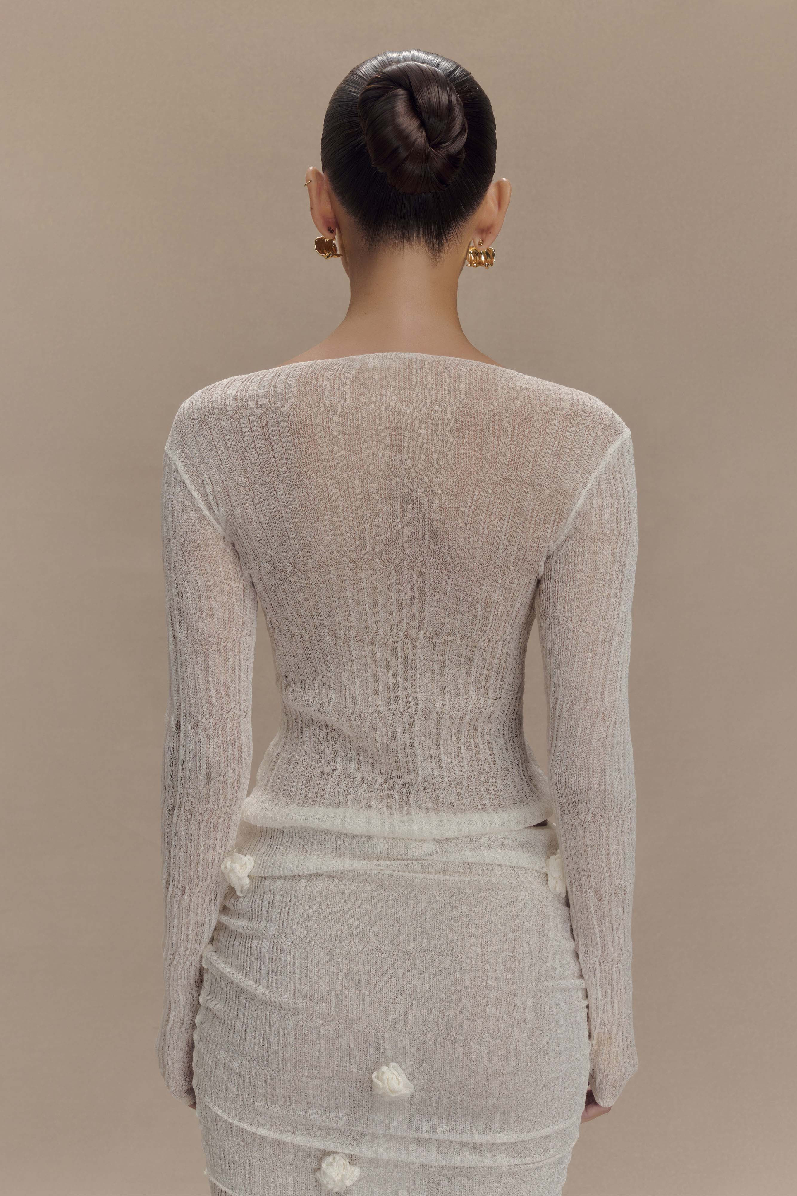 Orianna Orchid Long Sleeve Knit Top - Ivory | MESHKI US