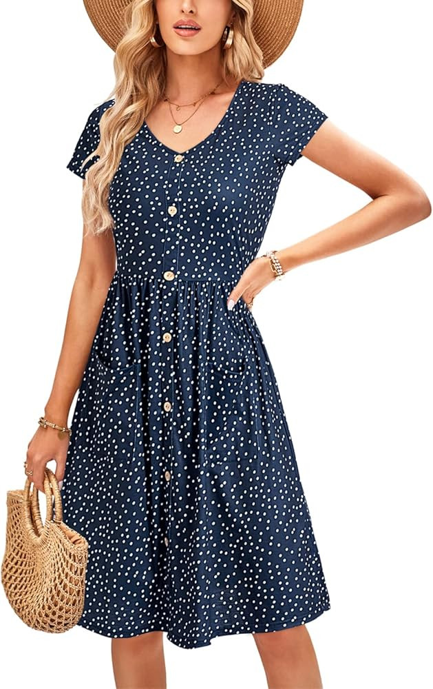 OUGES Women's V Neck Button Down Skater Dress with Pockets | Amazon (US)
