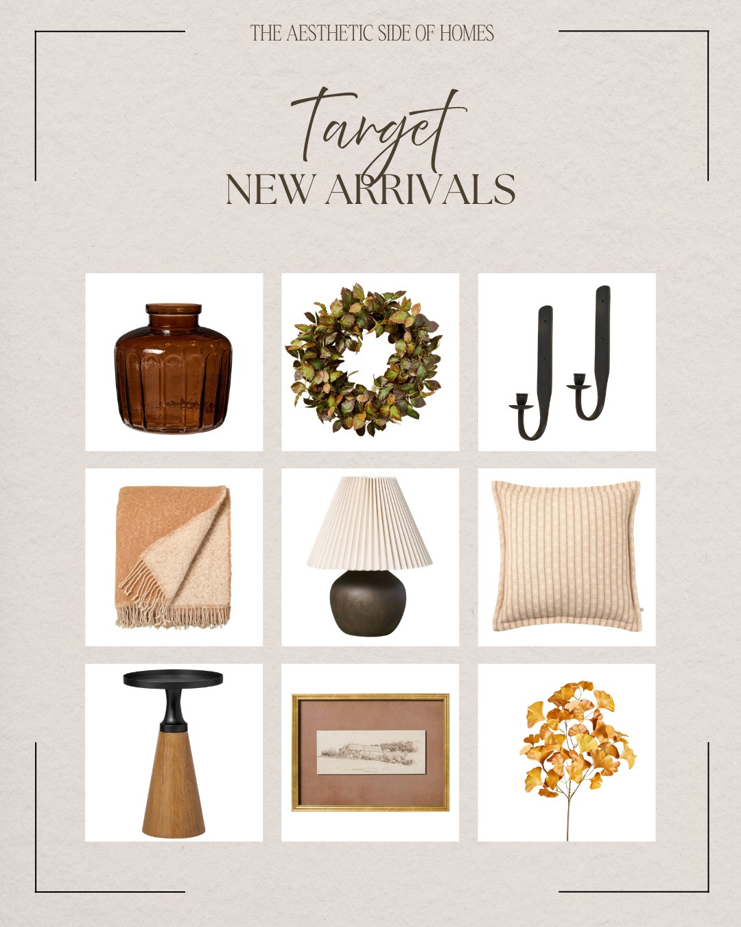 @Target new arrivals include wreath, candle holders, vase, side table? Wall art, greenery stem, throw pillow, Table lamp, and throw

#LTKSaleAlert #LTKHome #LTKSeasonal