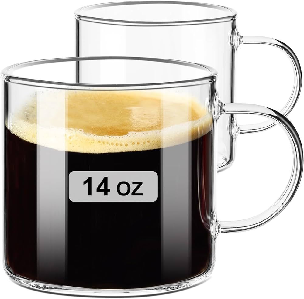 PARACITY Clear Coffee mug 14oz, Glass Coffee Mugs Set of 2, Large Glass Coffee Cups with Handle, ... | Amazon (US)