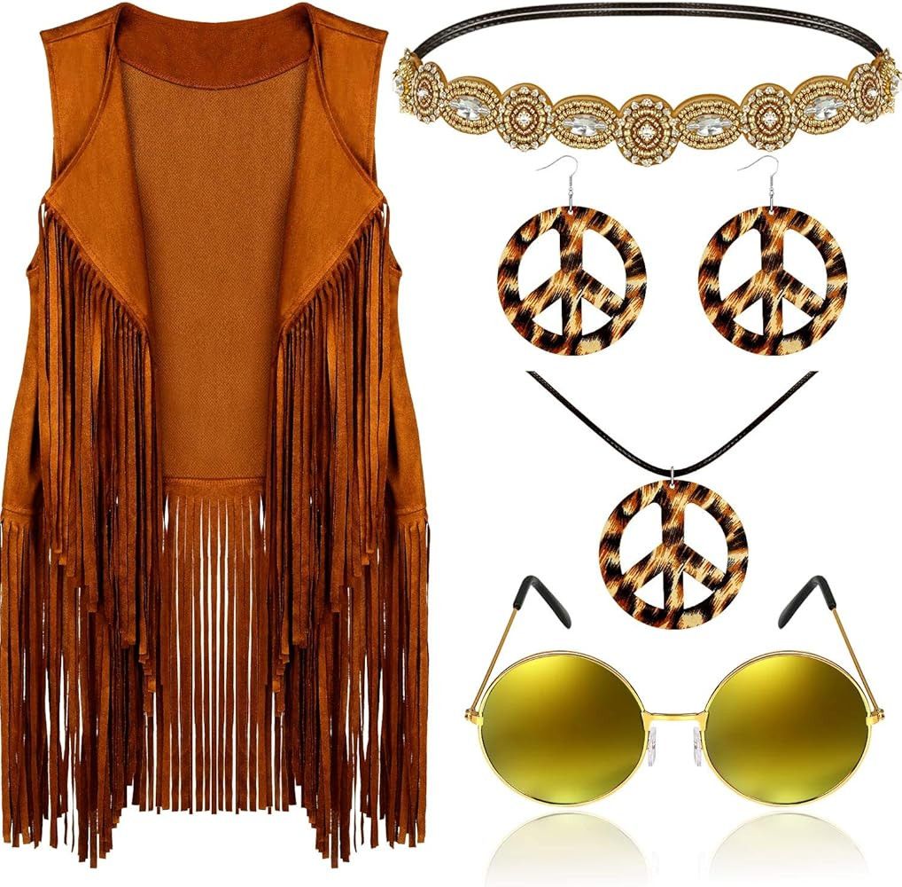 6 Pcs 60s 70s Outfits for Women Hippie Costume Set Peace Sign Earring Headband Fringe Vest Tassel... | Amazon (US)