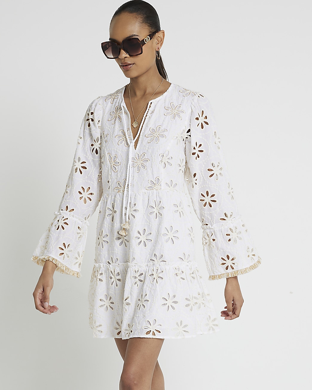 Cream broderie smock mini dress | River Island (UK & IE)