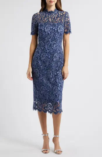 Eliza J Illusion Lace Midi Sheath Dress in Blue at Nordstrom Rack, Size 6 | Nordstrom Rack