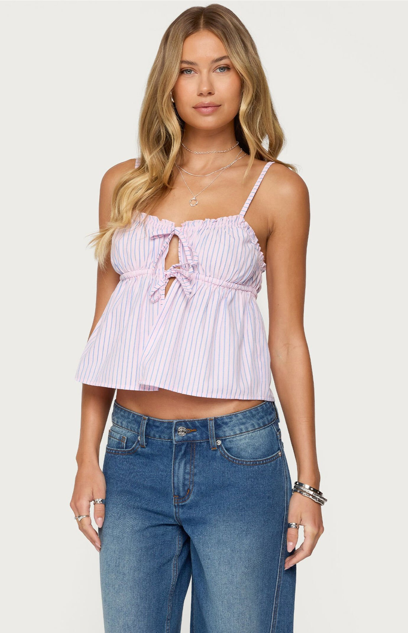 Edikted Women's Avenly Striped Tie Front Babydoll Top in Pink - Size Small | PacSun