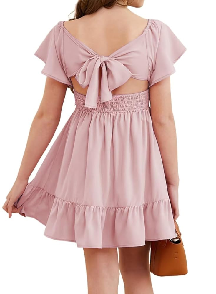 Girls Elegant Ruffle Short Sleeve Back Tie Dresses 6-13 Years Old | Amazon (US)