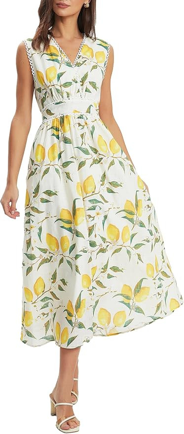 Ladyful Women's Floral Lemon Print Sleeveless Maxi Dress Summer V Neck Elastic High Waist Long Be... | Amazon (US)