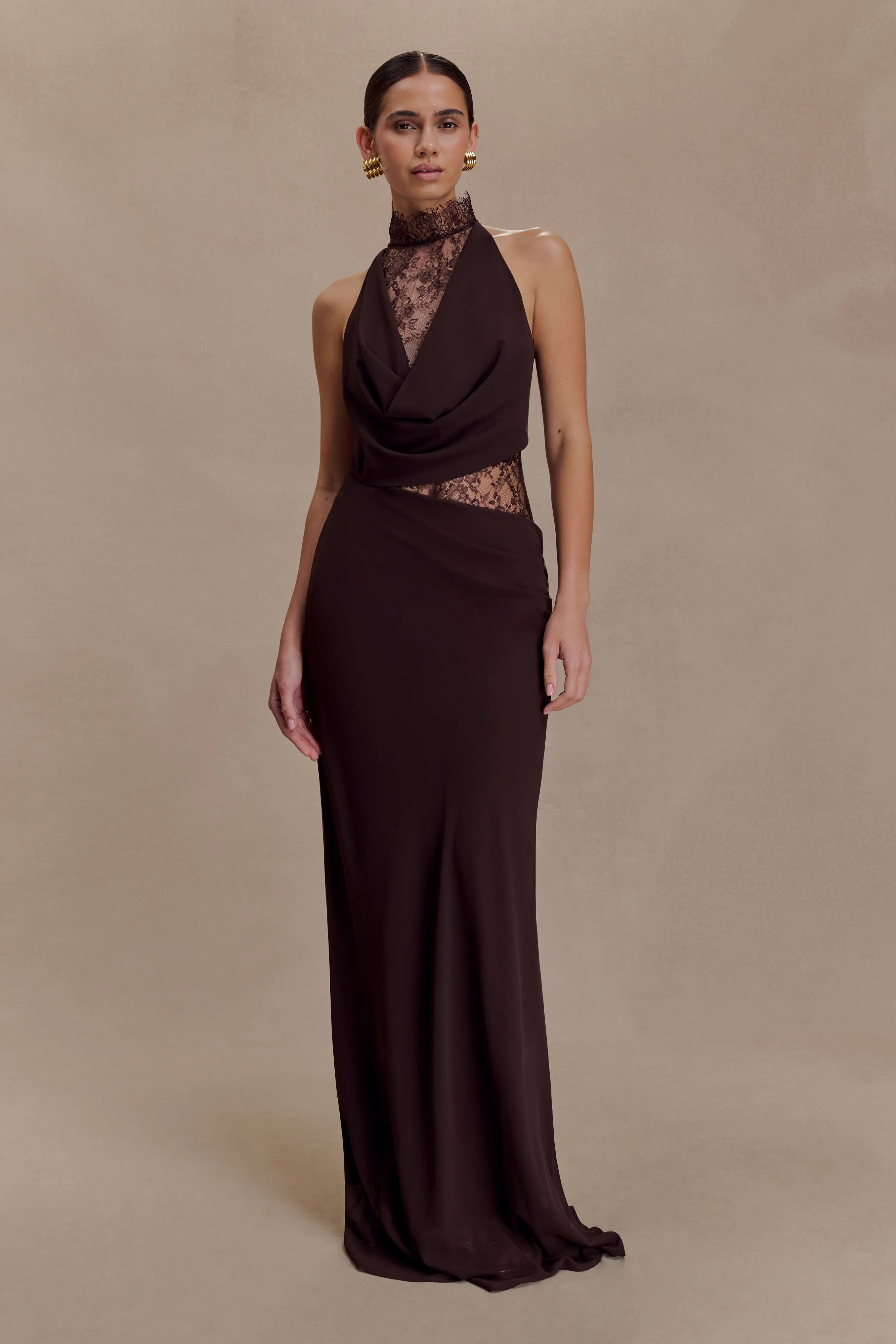Arra Chiffon And Lace Halter Maxi Dress - Cacao Brown | MESHKI US