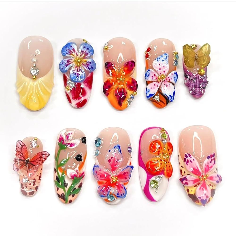 3D Flower Summer Press on Nails Medium Almond, 24pcs Colorful Butterfly Floral Design Pretty Beac... | Amazon (US)