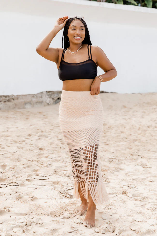 Sandy Days Beige Fringe Hem Knit Maxi Skirt | Pink Lily