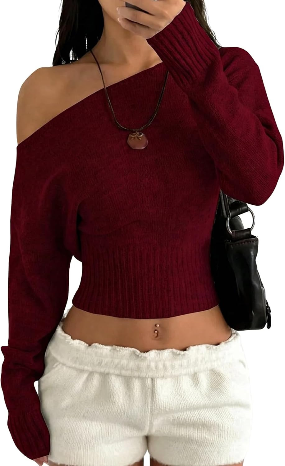Women's Cropped Sweaters Off The Shoulder Long Sleeve Sweater Going Out Top | Amazon (US)