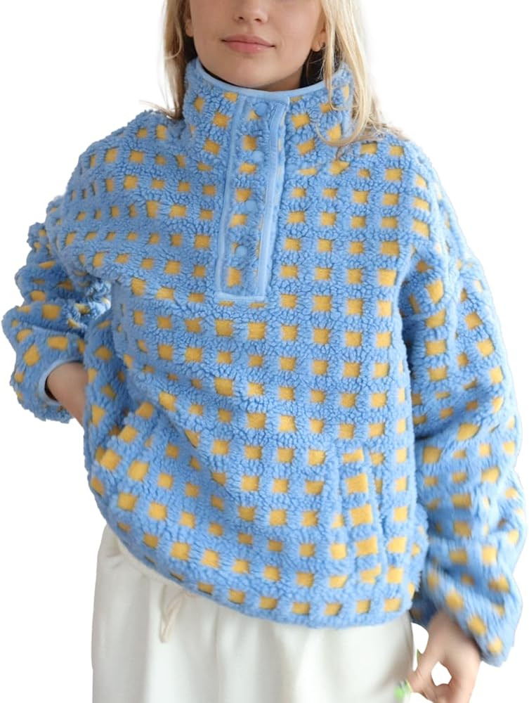 Checkered Fleece Sweatshirt for Women Long Sleeve High Neck Fuzzy Sherpa Hoodie Winter Plaid Pull... | Amazon (US)