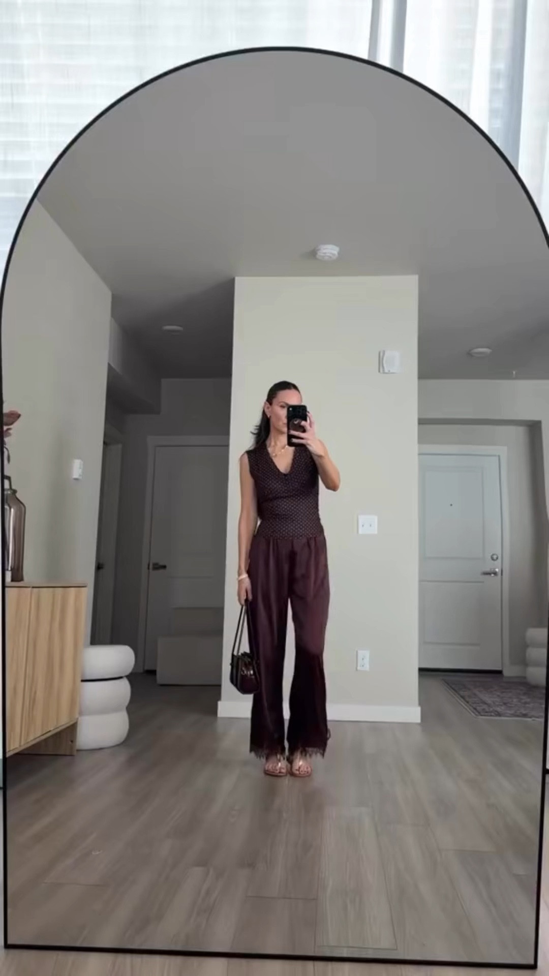 brown satin pants with lace 