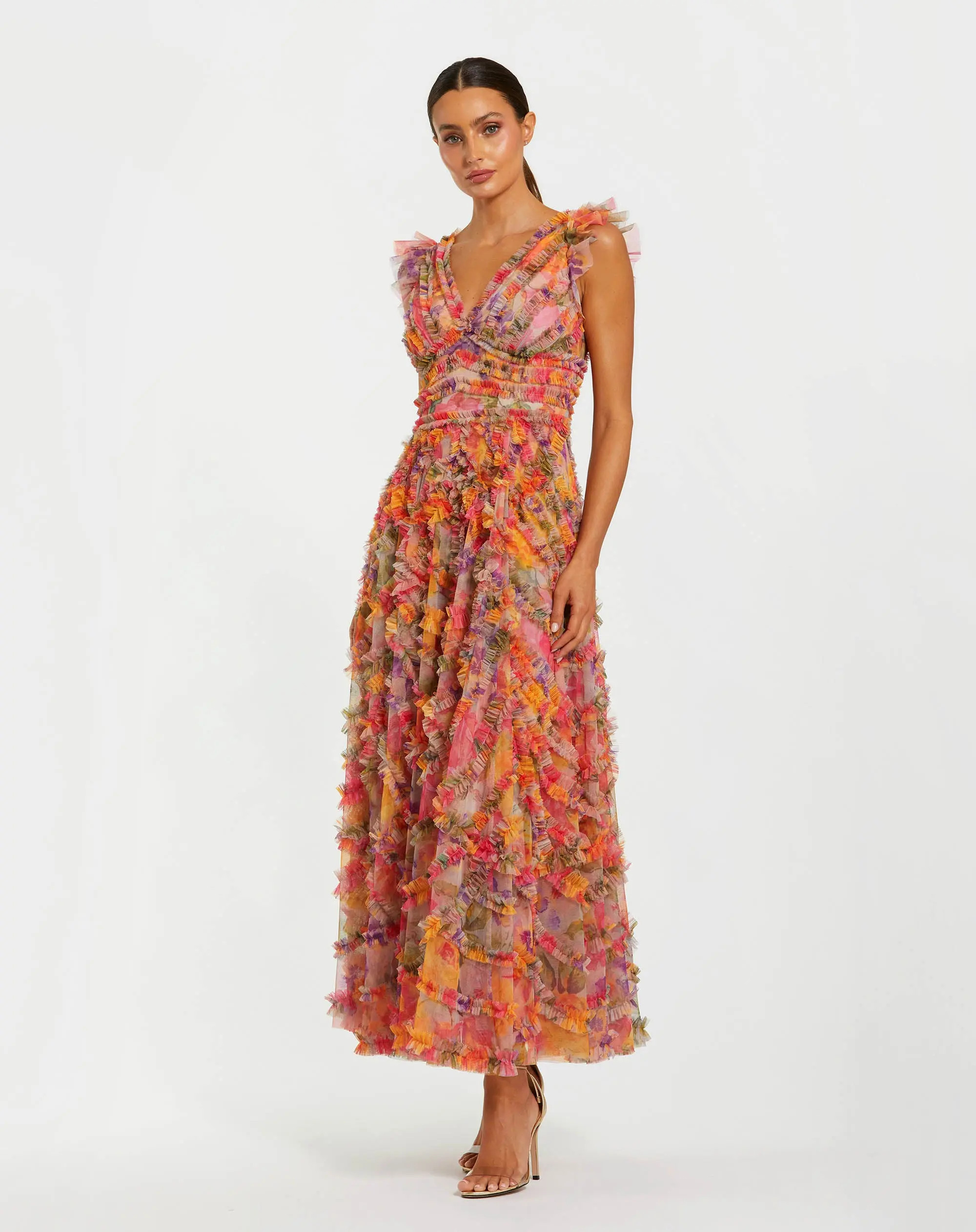 Petite Multicolor Floral V-Neck Ruffle Maxi Dress | Mac Duggal | Mac Duggal