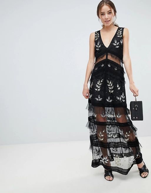 Miss Selfridge tiered maxi dress with lace detail in black | ASOS US