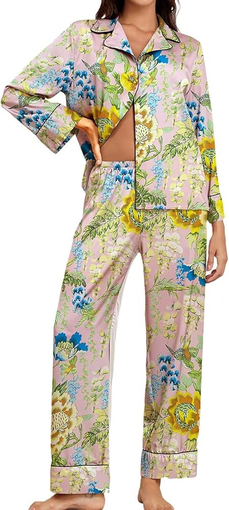Brosloth Womens Silky Pajamas Floral Print Satin Pajama Set Long Sleeve Button Up Soft Sleepwear ... | Amazon (US)