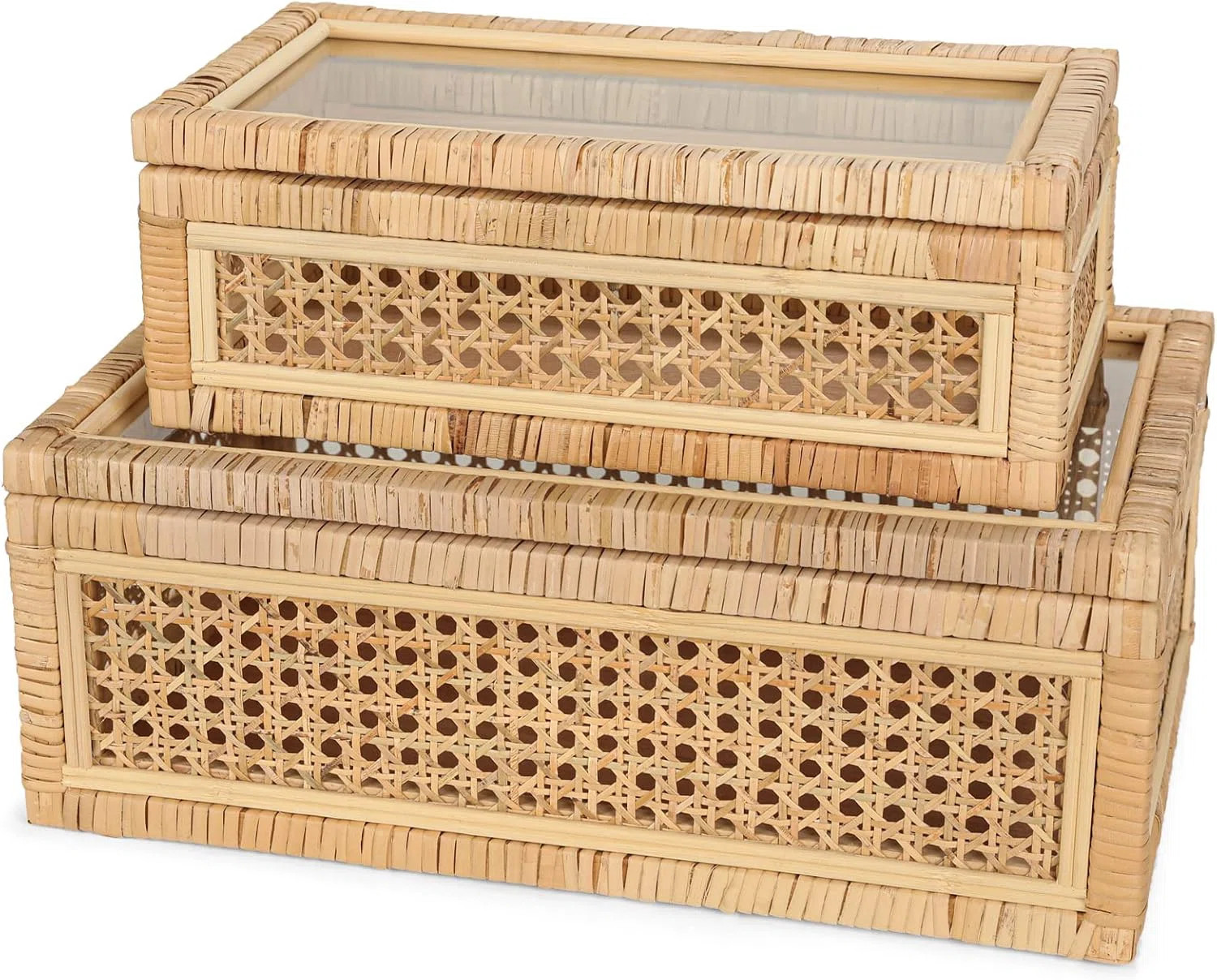 Handwoven Boho Rattan Display Boxes With Glass Lids - Set Of 2 Rectangular Decorative Storage Bin... | Wayfair North America