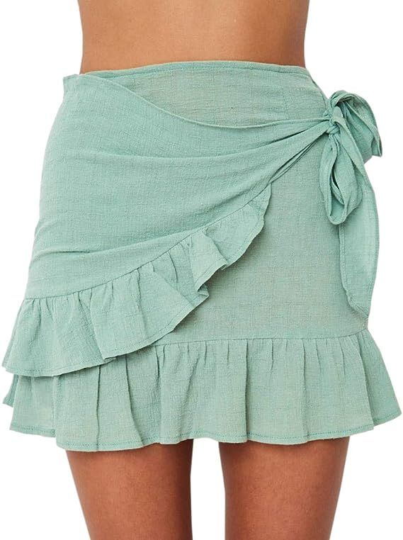 Jeanewpole1 Womens Floral Mini Skirts Wrap Pleated Ruffle Hem Cute Beach A Line Short Skirts | Amazon (US)