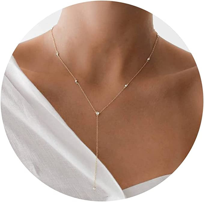 Awvialy Lariat Necklace for Women Trendy Long Gold Necklace 14k Gold Plated Bar Pearl Bead Chain ... | Amazon (US)