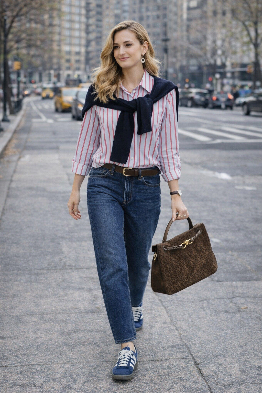 Spring navy outfit in jeans striped shirt brown jacket and blue navy adidas sneakers

#LTKeurope#LTKspring#LTKjeans