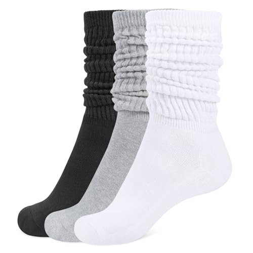 CLOSEMATE Womens Crew Slouch Socks Cotton Soft Scrunch for Boots Loafers Sneakers 3 Pairs(1Black 1White 1Grey) | Amazon (US)