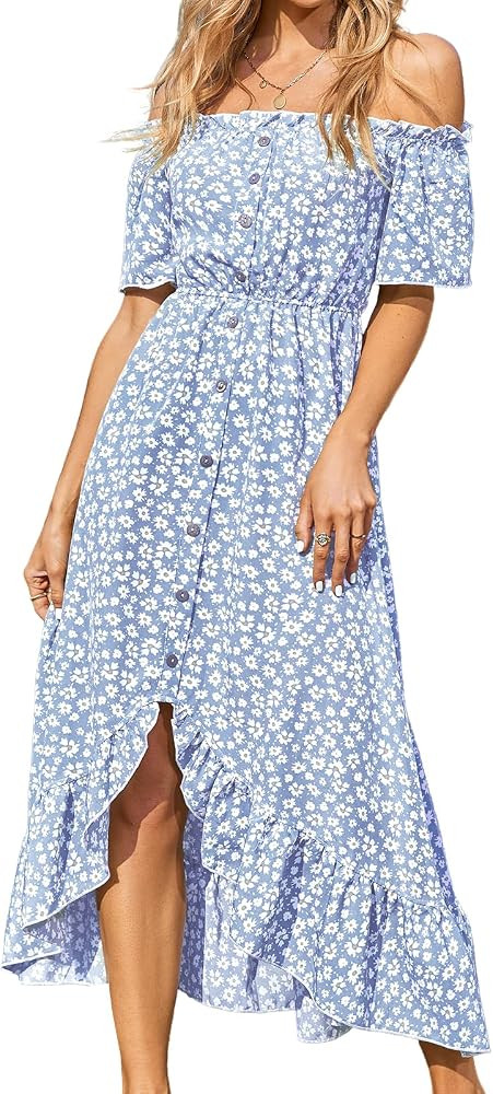 CUPSHE Dress for Women Maxi Dresses Off Shoulder Ditsy Floral Print Short Sleeve Frill A Line Dre... | Amazon (US)