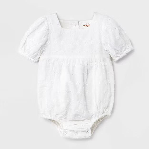 Baby Girls' Linear Eyelet Bubble Sleeve Romper - Cat & Jack™ White | Target