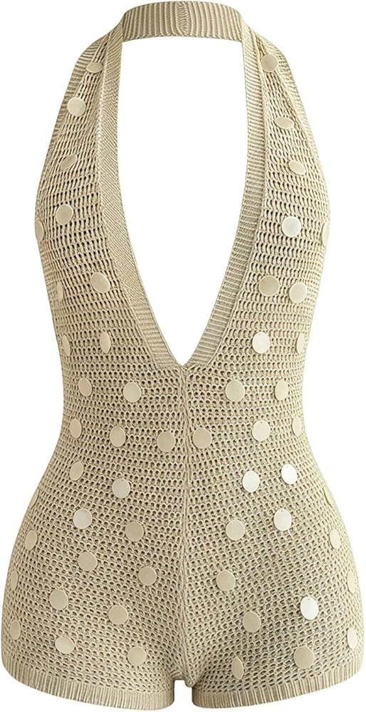 WDIRARA Women's Deep V Neck Backless Halter Knit Romper Striped Bodycon Shorts Jumpsuit Boho | Amazon (US)