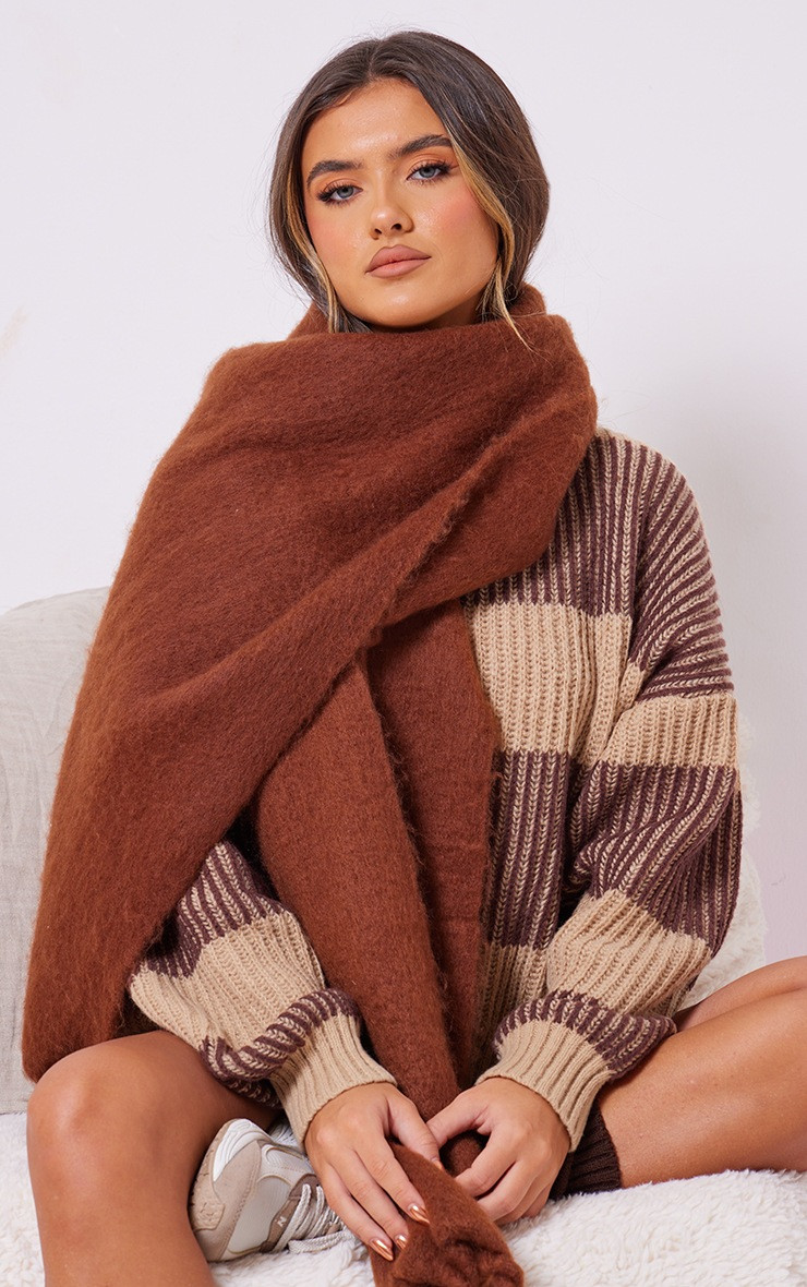 PRETTYLITTLETHING Brown Tab Fuzzy Blanket Scarf | PrettyLittleThing UK