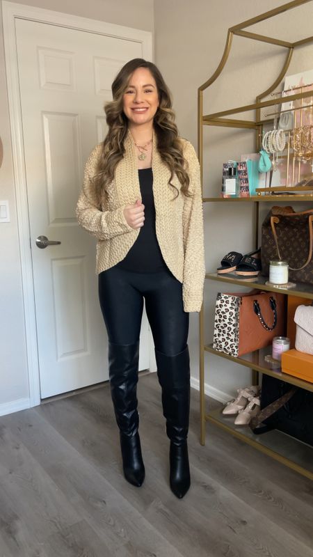 Cardigan Outfit Idea | Open front knit cardigan (small), black tank (small), faux leather leggings (S/Petite), Faux Leather Over the Knee Boots (tts) | Amazon Fashion | #AmazonFashion #OutfitIdea #CardiganOutfit #OTKBoots

#LTKshoecrush #LTKstyletip #LTKVideo