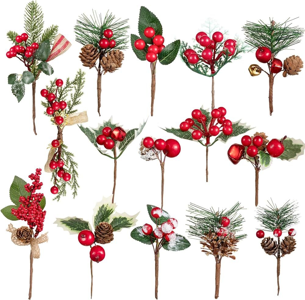 Crafare 15 Pack Artificial MIni Christmas Picks Assorted Red Berry Picks Stems Faux Pine Picks Sp... | Amazon (US)