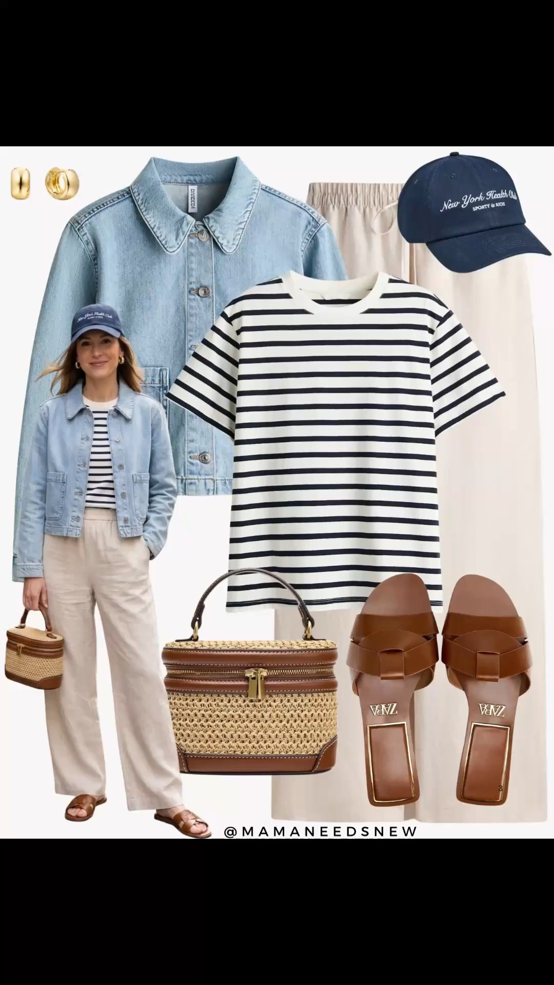 A spring outfit with denim jacket, striped tshirt, linen blend pull on pants, slide sandals, top handle woven bag, cap 

#LTKSeasonal #LTKSaleAlert #LTKootd