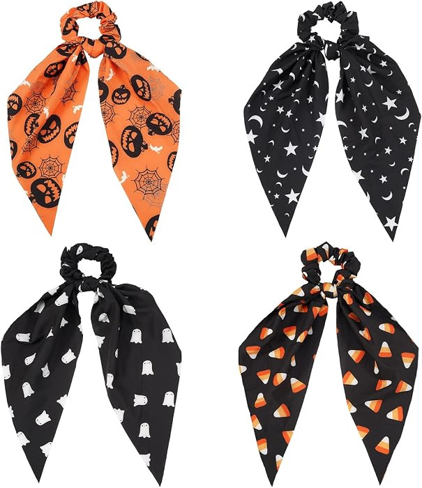4PCS Halloween Hair Scarf Scrunchies Pumpkin Ghost Elastic Hair Ties Ponytail Holders for Women | Amazon (US)
