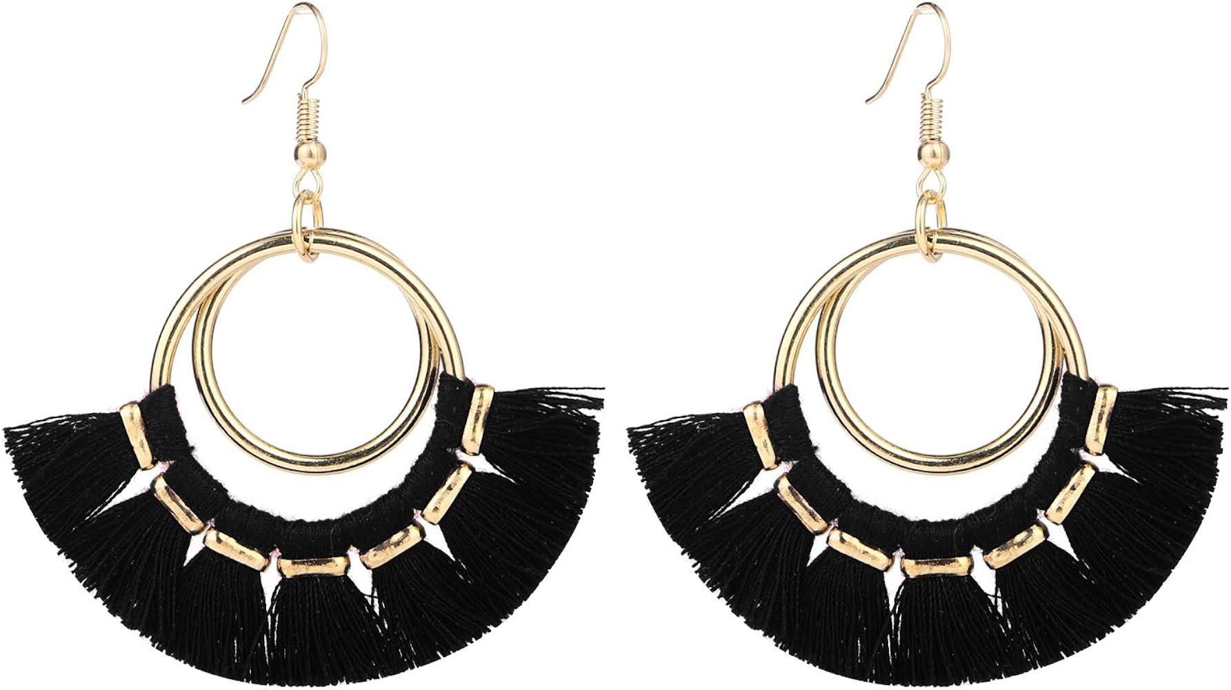 Tassel Hoop Earrings Fringe Drop Gold Tone Circle Tiered Earrings for Women Girls | Amazon (US)