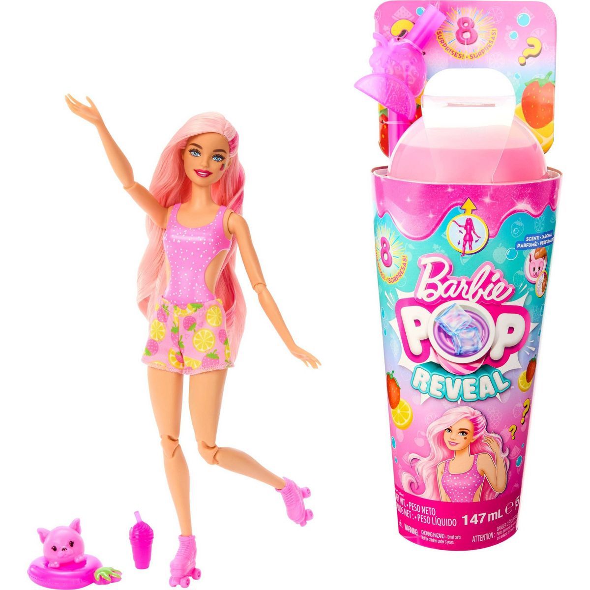 Barbie Pop Reveal Fruit Series Strawberry Lemonade Doll, 8 Surprises Include Pet, Slime, Scent & ... | Target