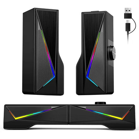 AYEDLOE Computer Speakers with 2.0 Channel Stereo, Gaming Speakers with 6 Colorful LED Modes, USB C/USB Speakers for PC, Desktop, Laptop, Cellphone, Monitor, Black, New | Walmart (US)