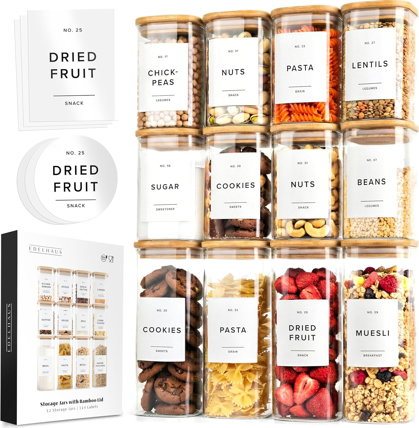 Square Glass Storage Containers with Bamboo Lids 12-Pack (4x 30 oz, 8x 17 oz) Airtight Storage Ja... | Amazon (US)